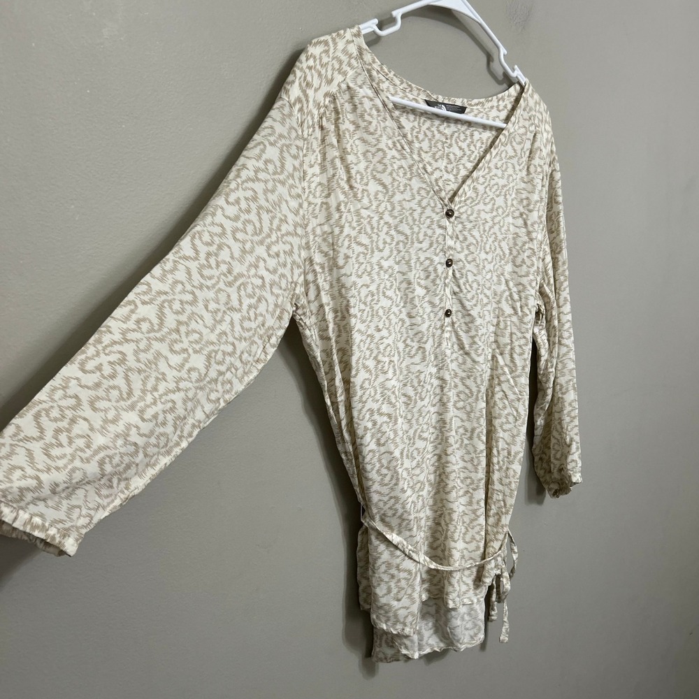 North Face Womens Tunic Blouse L Tan White Ikat 3/4 Sleeve Tie Waist Lagenlook - Picture 9 of 9